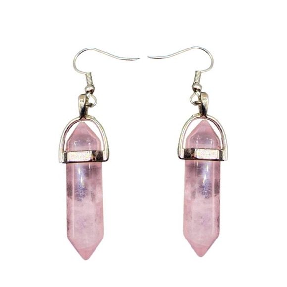 Rose Quartz Metal Earrings Bohemian Style Boho Chakra Pink Crystal Stone Dangle - Picture 1 of 3